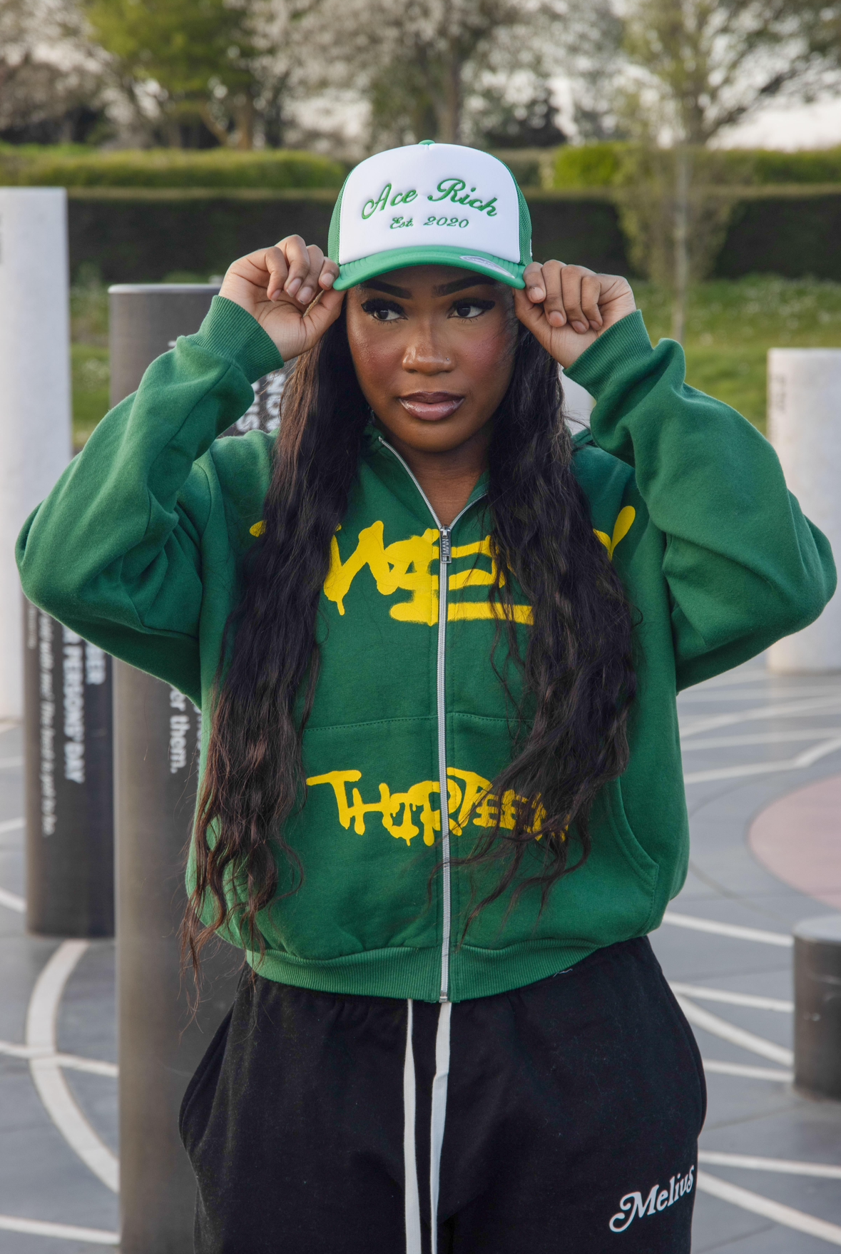 GREEN AND WHITE ACE RICH TRUCKER CAP