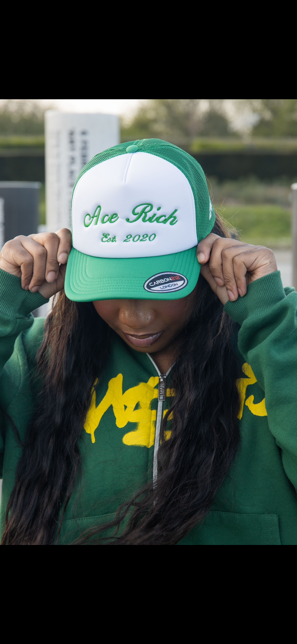 GREEN AND WHITE ACE RICH TRUCKER CAP