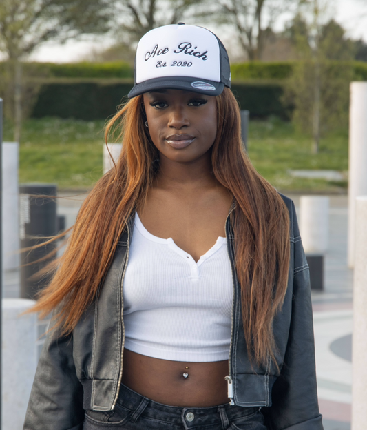 BLACK AND WHITE ACE RICH TRUCKER CAP