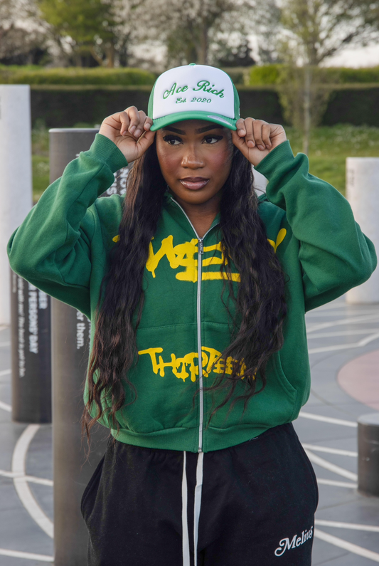GREEN AND WHITE ACE RICH TRUCKER CAP