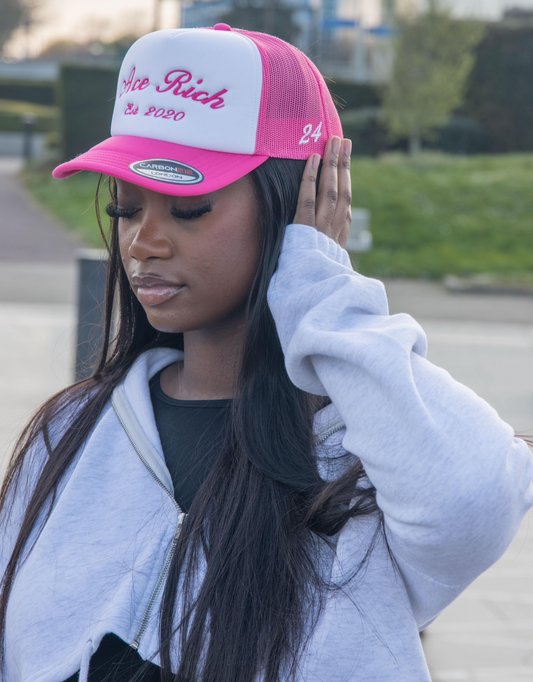 PINK AND WHITE ACE RICH TRUCKER