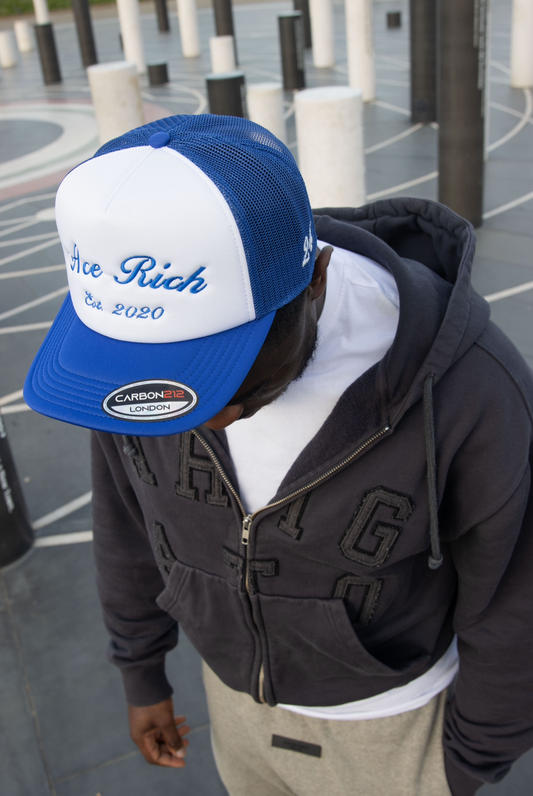 BLUE AND WHITE ACE RICH TRUCKER
